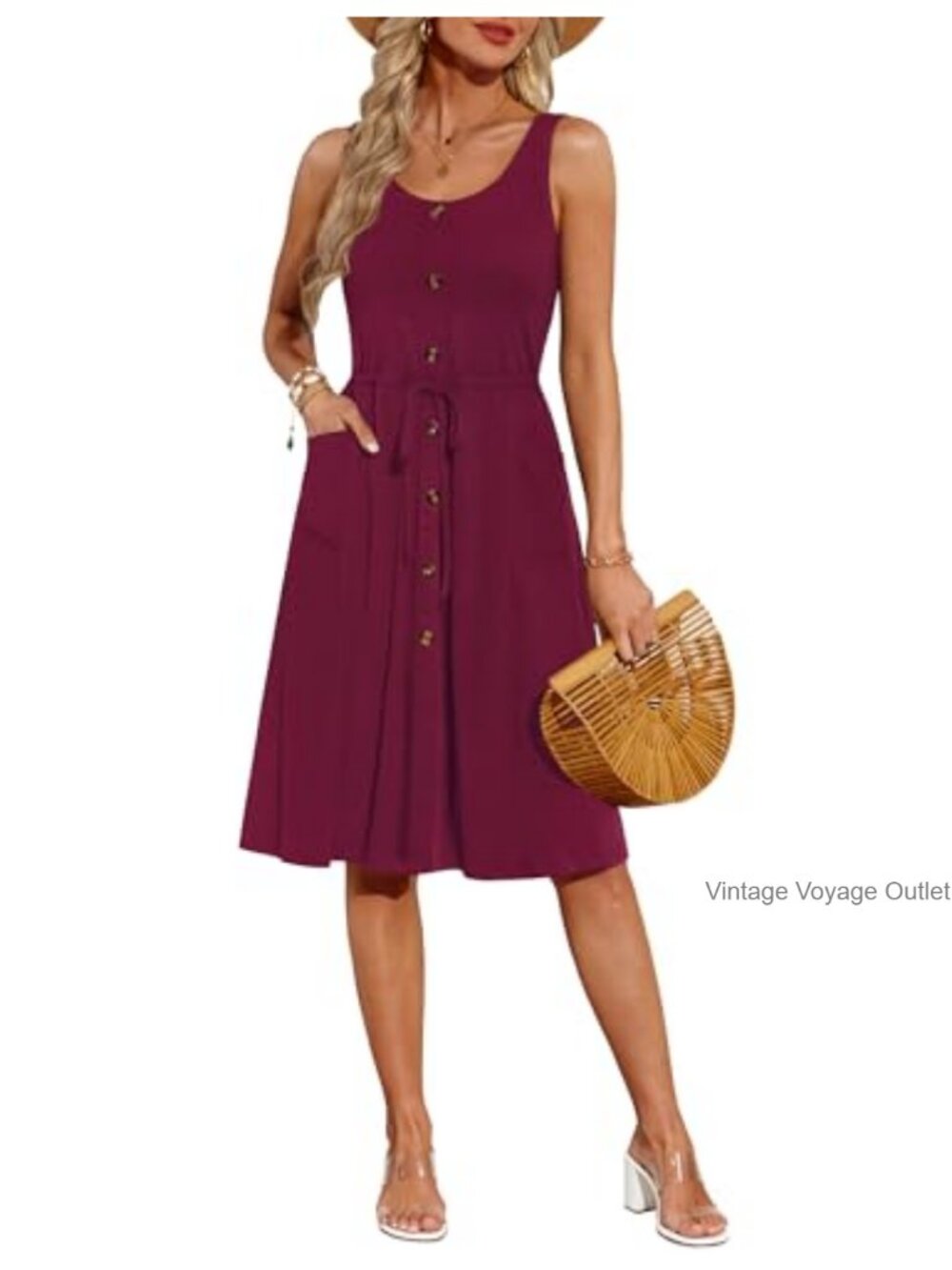 Flowy Midi Dress with Pockets Drawstring Waist Sleeveless Summer Work